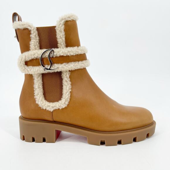 Christian Louboutin Tan Beige CL Chelsea Booty Lug Shearling Ankle Boots EU 39.5 - Picture 3 of 14